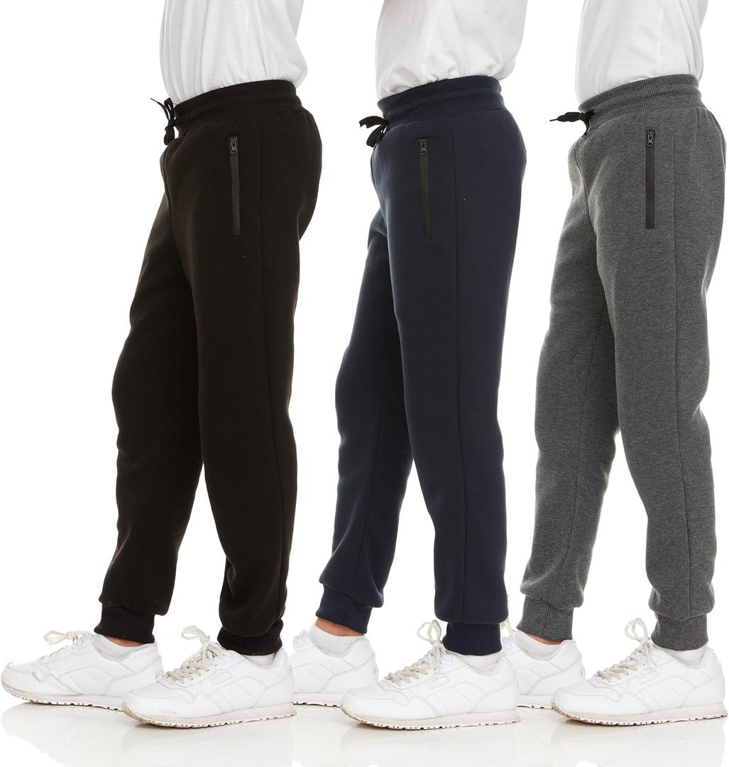 PURE CHAMP 3Pk Boys Sweatpants Fleece Athletic Workout Kids Clothes Boys Joggers with Zipper Pocket and Drawstring Size 4-20 (Black, XS)