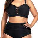 Daci Women Plus Size Two Piece Bikini Swimsuit High Waisted Tummy Control Bottom Bandeau Lace Up Bathing Suit XL