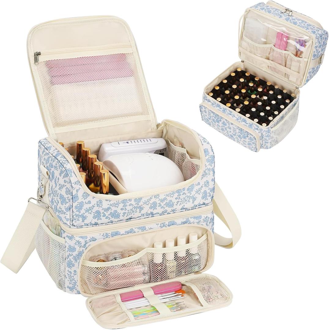 CUBETASTIC Nail Polish Organizer & Storage Bag for 48 Bottles & Full-Size Lamp, Double-Layer Travel Case Box for Nail Supplies, Manicure Kit & Pedicure Tools (Blue Floral, 48 Slots)