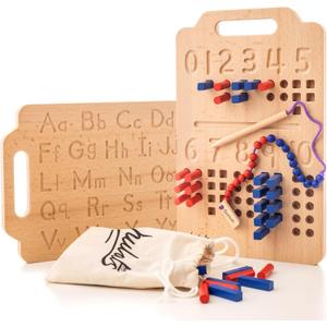 Hulats Montessori Counting Peg Board - Number & Letter Tracing Board - Wooden Montessori Alphabet & Counting Toys Toddlers 3+ Years Old - Alphabet Learning + Education Home Schooling Materials Pre-K