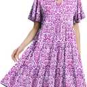 Womens Casual Tiered Swing Midi Dress Ruffle Sleeve V Neck A Line Petite Summer Dresses with Pockets (Hot-pink-floral-03, Large)