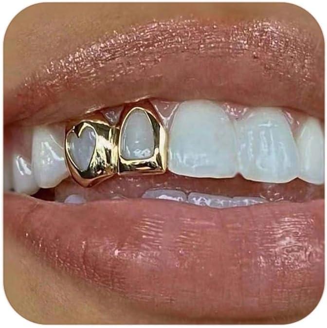Longita Gold Grills for Your Teeth Grillz for Women Teeth Men Gold Tooth Cap Grillz for Women Golden Tooth Jewelry Hollow out Heart Mouth Grills Men Hip Hop Outfits Custom Accessory Halloween Party