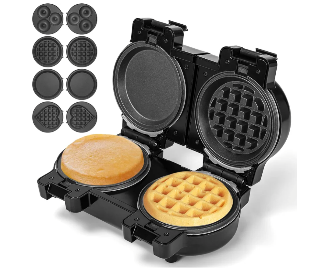 Mini Waffles Maker with 8 Removable Plates, 4 in 1 Double Small Waffle Maker Mini Waffle, Heart Waffle, Griddle, Donut, 5" Non Stick Waffle Iron for Kid, Use One/Both Sides By the Button On the Back