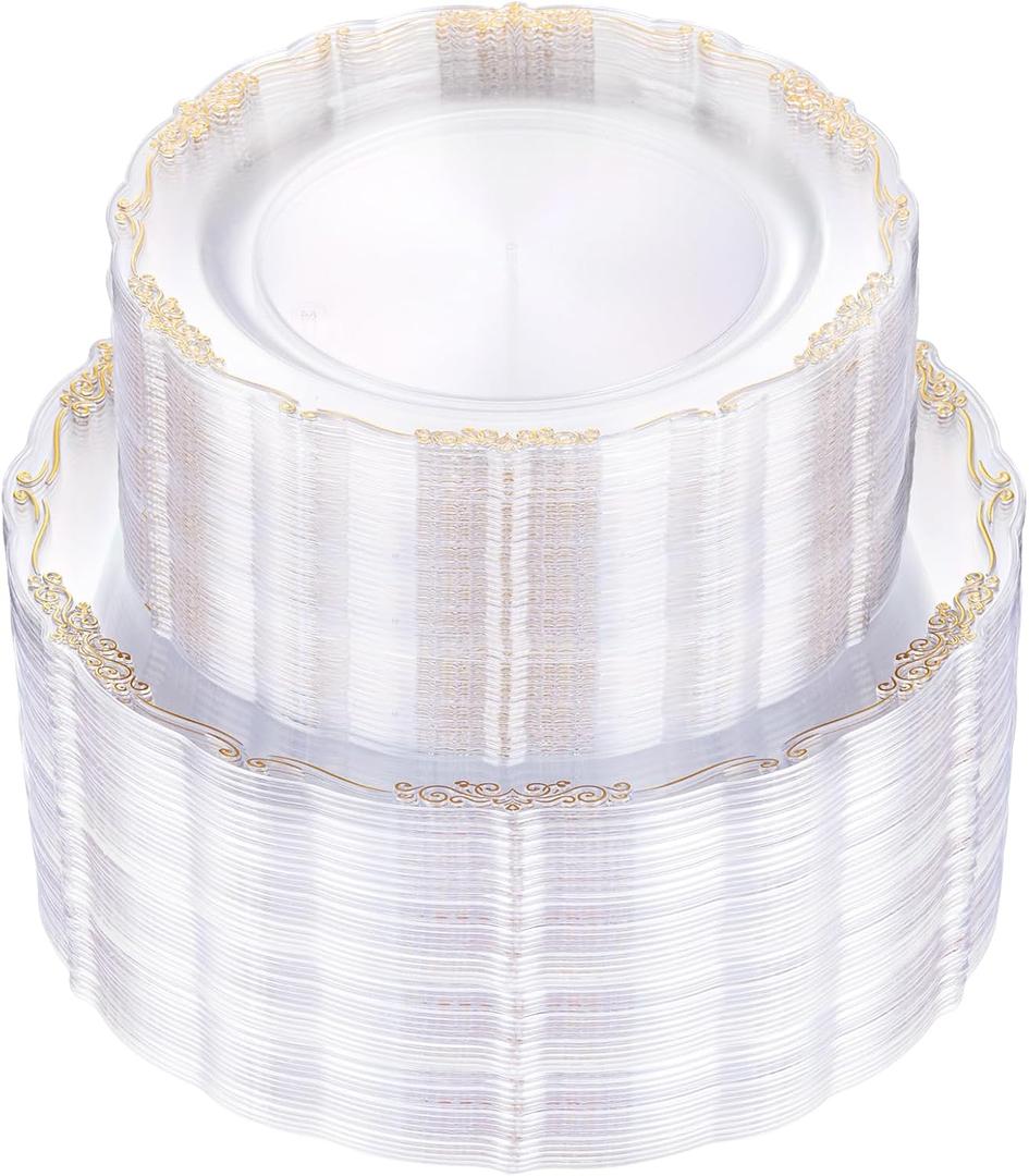 U-QE 100PCS Clear Gold Plastic Plates - Disposable Heavy Duty Clear Plates with Gold Rim Including 50PCS 10'' Dinner Plates & 50PCS 7.5'' Dessert Plates Perfect for Party, Weddings