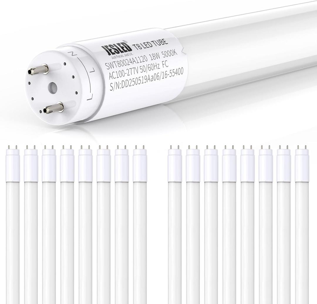 JESLED 16 Pack 4FT T8 LED Bulbs,18W 2400LM 5000K Led Tube Light, Hybrid Type A+B T10 T12 
Fluorescent
Bulbs Replacement, Single or Double End Powered, Plug and Play or Ballast Bypass, ETL