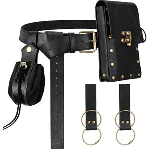 Renaissance Belt Pouch Medieval Viking Pirate Leather Bag Potion Bottle Set Skirt Hike Halloween Cosplay Costume Accessorie(Black, Belt Pouch)