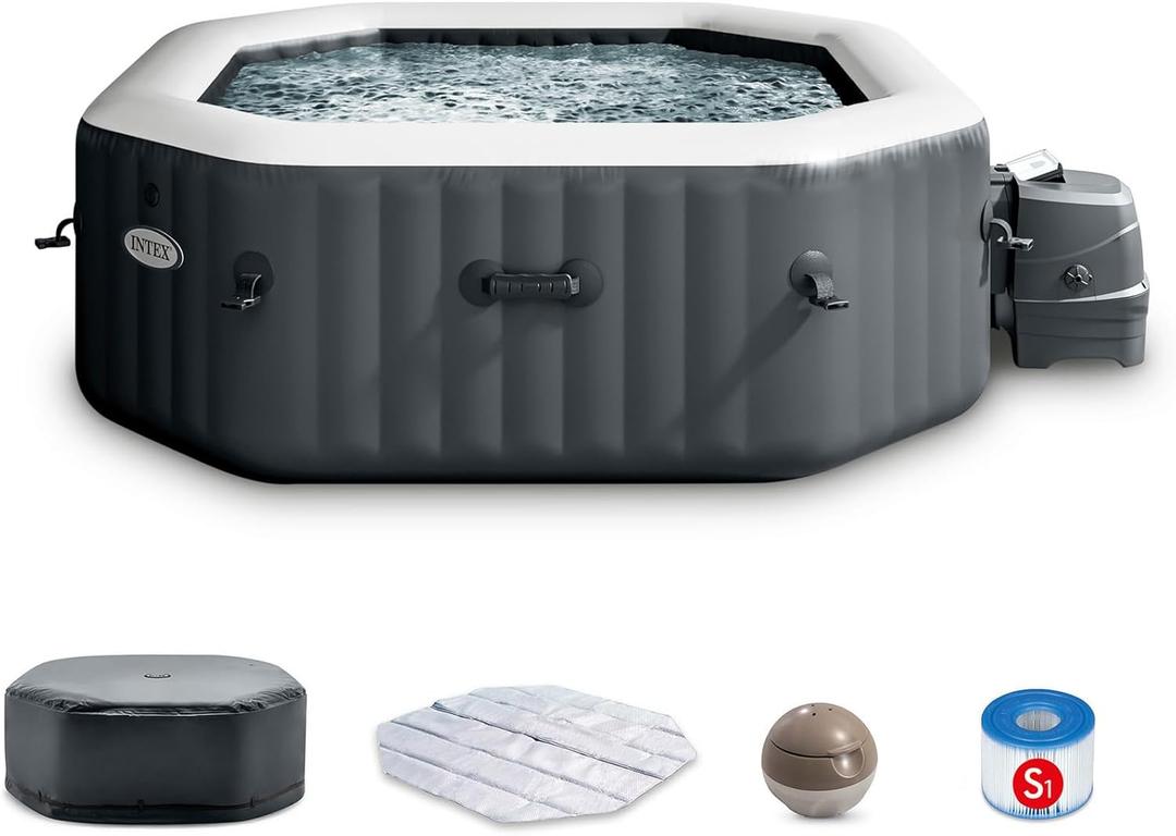 INTEX 28433EP PureSpa Bubble Deluxe Spa Set: Includes Energy Efficient Spa Cover 120 Bubble Jets Octagonal Design 4 Person Capacity 71" x 71" x 28"