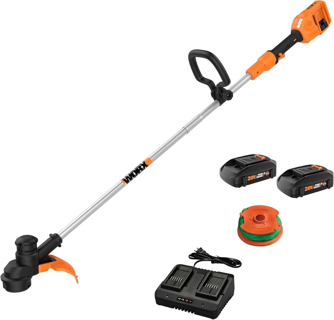 WORX Cordless String Trimmer, 13'' Electric Weed Wacker with Auto Feed, 40V Lightweight Weed Eater with Dual-exit Cutting Head, 2 Batteries & Charger Included, WG183