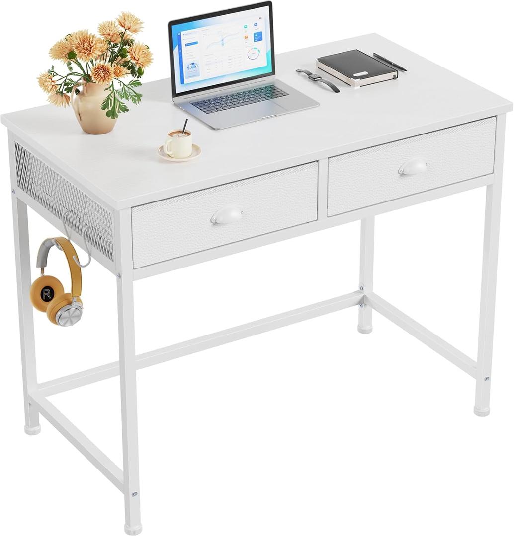Furologee White Small Computer Desk with 2 Fabric Drawers for Bedroom,34 Inch Simple Home Office Writing Desk, Vanity Desk with Hooks, Study Table for Adults Student Small Spaces