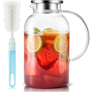 SUSTEAS 2.2 Liter 75oz Glass Pitcher with Lid, Easy Clean Heat Resistant Glass Water Carafe with Handle for Hot/Cold Beverages - Water, Cold Brew, Iced Tea & Juice, 1 Long-Handled Brush Included