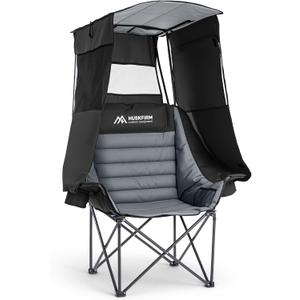 Huskfirm Camping Chair with Canopy Shade, Folding Chair with Canopy Black | Heavy Duty Beach Chair with Canopy Supports 330 LBS Oversized Canopy Chair with Cup Holders Carry Bag for Lawn Sports Fishing, Standard