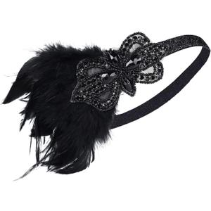Women flapper feather headband for 1920s theme party Gatsby Headpiece for 20S Party (Black Crystal,Black Feather)