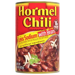HORMEL Chili With Beans, Less Sodium, (Pack of 12), 15 oz Canned Chili,  16g Protein per Serving, Gluten-Free - Great for Bowls, Dips, Hot Dogs and Appetitizers
