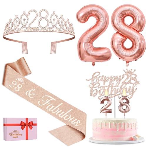 28th Birthday Decorations for Women with 28th Birthday Sash and Tiara, Cake Topper and Candles, Number Balloons, 28 Year Old Gifts for Women