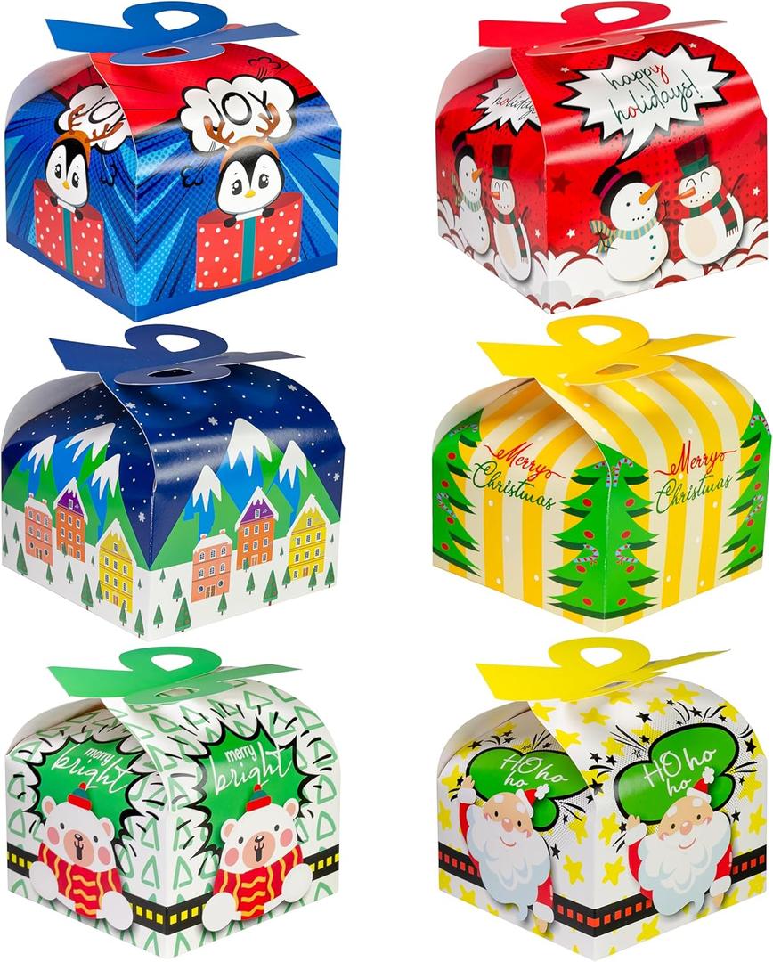 easykart labels 24 Pcs Christmas Gift Boxes with Bow 3D Xmas Holiday Boxes Santa Cardboard Treat Gift Boxes,Christmas Party Favors Supplies, 6 x 6 x 3.5 Inches, 6 Styles