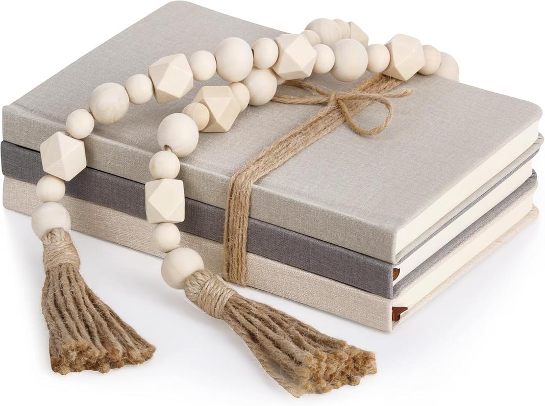 3 Pieces Faux Decorative Books Set for Home Decor Fake Book for Shelves Coffee Table Stacked Linen Covered Display Notebook with Wood Bead Bookend Gift for Living Room(Classical Color)