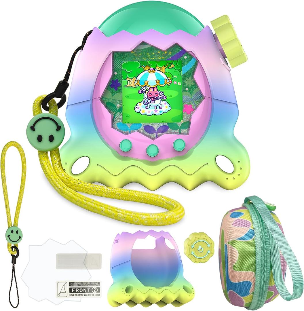 Jchphine Hard Case and Silicone Cover for Tamagotchi Paradise Electronic Pet, Protective Cases for Tamagotchi Paradise with Screen Protector and Lanyard (Rainbow)