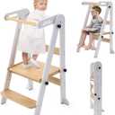 Foldable Toddler Tower, Kitchen Stool Helper, Standing Tower with 3 Adjustable Heights and Non-Slip-Strips, Kitchen Tower for Kids 1.5-6 Years, Montessori Stool for Counter Sink (White)