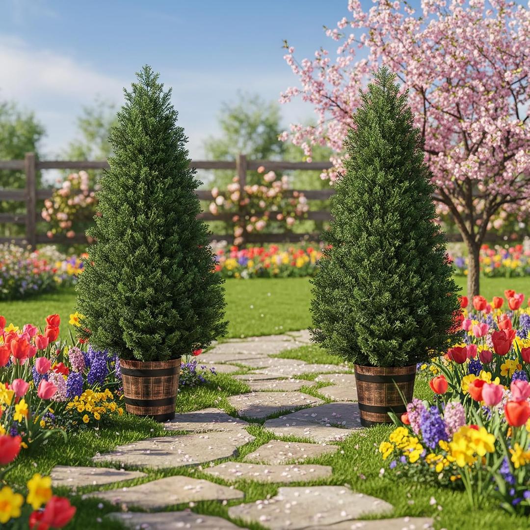 Set of 2 Artificial Cedar Topiary Trees - 4FT Faux Pine Shrubs with Barrel Planter, Fake Cypress Evergreen Plants for Home Office Front Door Porch Decor