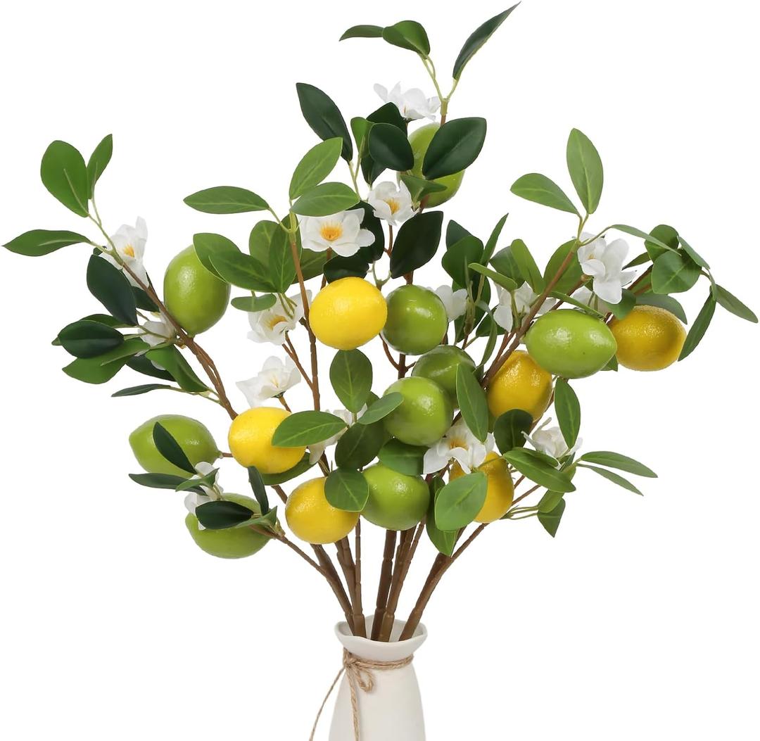 Faux Greenery Artificial Lemon Stems 5 Pcs Faux Lemons Fruit with Stem 24" Fake Lemons Branches Flower Arrangement Lemon Centerpieces Decoration for Home Office Festival Flower Decor(2Yellow+3Green)