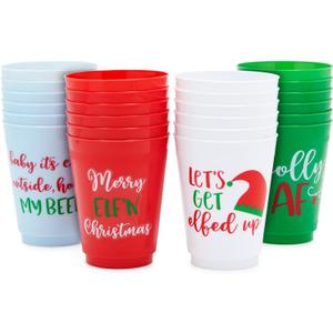 BLUE PANDA 24 Pack Plastic Christmas Cups, 16oz Reusable Tumblers for Winter Holiday Xmas Party Supplies Decorations, Fun Festive Christmas Decorations for Party Gathering (4 Designs)