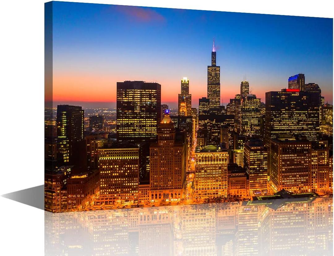 Chicago Nightscape Skyline Wall Art for Bedroom Skyscrapers Buildings Canvas Art Wall Decor Downtown Night Falls Modern Wall Art Pictures for Living Room Artwork Giclee Framed Ready to Hang 12"Wx18"H