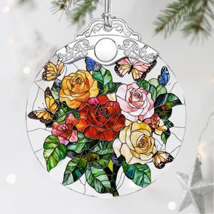 Butterfly & Rose Christmas Decorations - Christmas Ornaments for Tree | Stained Glass Ornament | Holiday Ornament Flower Lover Gifts | Gift Ideas | Xmas Gift
