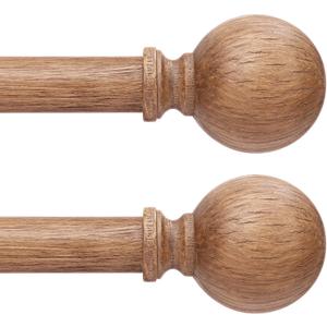 2 Pack Wood Curtain Rod 36-91 Inch, Decorative 1 Inch Heavy Duty Curtain Rods for Windows with Vintage Faux Wood Grain Finials, Adjustable Rustic Farmhouse Bedroom Boho Metal Drapery Pole