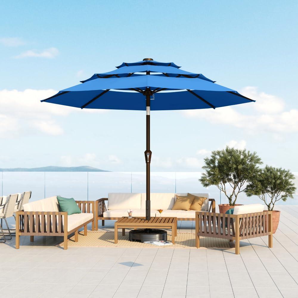 10FT Patio Umbrella 3 Tiers Outdoor Market Umbrella w/Push Button Tilt, Crank, UV and Waterproof Table Umbrella for Garden, Pool, Backyard, Deck, Lawn, Royal Blue