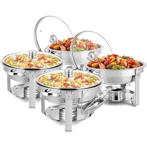 ROVSUN 5 Qt 4 Pack Chafing Dishes for Buffet, NSF Stainless Steel Round Chafers for Catering, Buffet Servers and Warmers Set with Glass Lid & Lid Holder, Stackable Design for Wedding Party Event