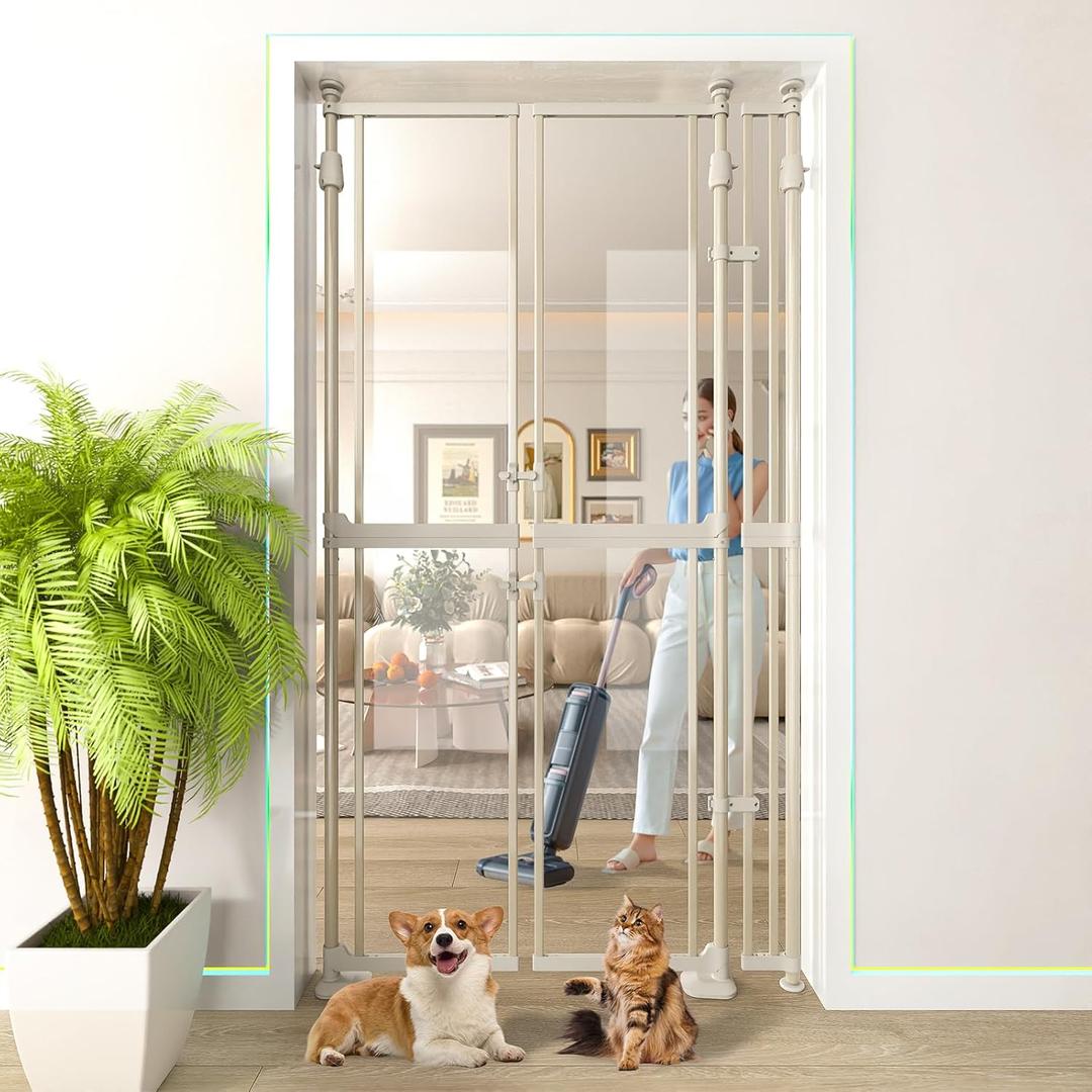 74" High Extra Tall Cat Gate,33.85-42" Wide Opening.Auto Closing and No Drilling Pressure Mount Design,Tall Dog Gates for Doorway, Stairs, House, Innovation Double Opening Pet Gate,Transparent,White
