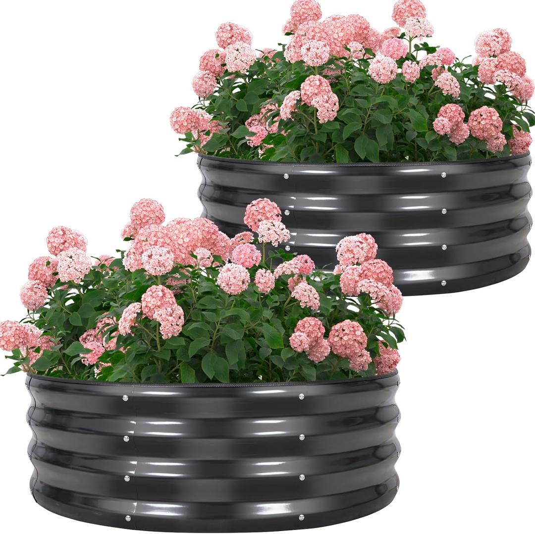Galvanized Raised Garden Bed- 2Pcs Metal Planter Boxes Outdoor | 12" Tall 36" Round Steel Raised Bed Kit & Fire Pit Ring for Gardening with Protective Tape for Vegetables, Flower (Grey)