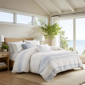 Harbor House King Duvet Cover Set, Stripes Clipped Jacquard, Cotton Oversized Duvet Cover for a King-Size Bed, Farmhouse Bedding Cover, 2 Shams, 2 Décor Pillows, Morgan, King/Cal King White/Blue