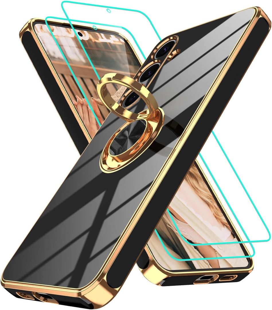 Gritup for Samsung Galaxy S24 Case: with 2Pcs Screen Protector, 360 Rotation Ring Holder Magnetic Kickstand Plating Gold Edge Soft TPU Shockproof Protective Cover for S24, Black
