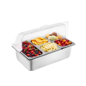VEVOR Countertop Food Serving Display Container, 5 Pan Stainless Steel Food Serving Tray, Buffet Condiment Dispenser Display Rack with Clear Lid & 3 Freezer Boxes, for Restaurant Hotel Kitchen Party, 1/3 Pan: 3.8 L; 1/6 Pan: 1.6 L