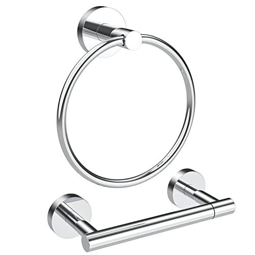 RARXTR Polished Finish Toilet Paper Holder & Towel Ring SUS304 Stainless Steel 2pc Bathroom Hardware Set with Double Post Pivoting Toilet Paper Roll Holder Wall Mount & Bathroom Towel Holder Set