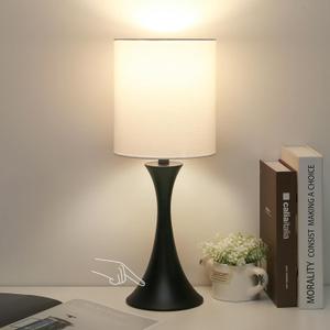 3 Way Touch Control Table Lamp, Modern Bedside Lamp for Bedroom, Dimmable Black Nightstand Lamp White Shade Desk Reading Light for Living Room Office Dorm, 3000K LED Bulb Included (Black Base with White Shade)