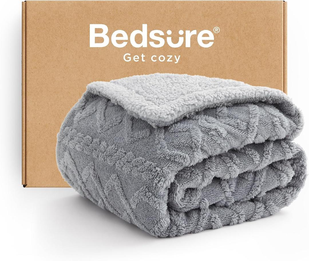 Bedsure Gentlesoft Sherpa Fleece Blanket Twin Size for Bed - Fluffy & Cozy Cable Jacquard Tufted for Women Gift, Thick and Warm Christmas Blanket for Winter, Grey, 60x80 Inches