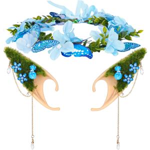 FRESHME Renaissance Mushroom Ears with Crown - Woodland Flower Crown Fairy Butterfly Headpiece Mushroom Ears Set Elf Floral Headband for Women Christmas Renfaire Halloween Mushroom Custome Cosplay