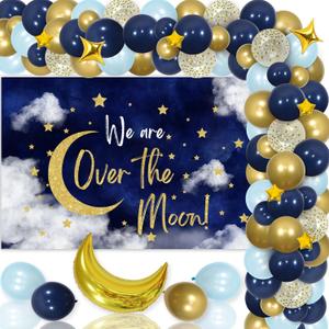 Over The Moon Baby Shower Decorations Navy Blue Gold Balloon Garland Arch Kit - We Are Over The Moon Backdrop Balloons for Outer Space Pregnancy Celebration 1st Bday Party Supplies