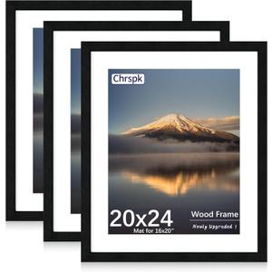 20X24 Poster Frame, Display Pictures 16X20 with Mat or 20X24 Without, Wall Hanging Frames, Black, 3 Pack