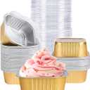 40 Pack Mini Cake Pans with Lids, 5oz Square Aluminum Foil Brownie Baking Cups, Muffin Tin Ramekins, Disposable Dessert Cupcake Cups for Wedding Birthday Party, Gold