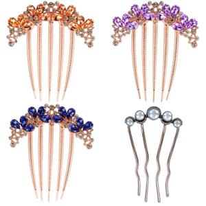Rhinestones Hair Combs for Women, Crystal Wedding Hair Side Combs Artificial Pearls Hairpins with Long Teeth Glitter Sparkly Jeweled Barrettes Clips Long Thick Hair Accessories for Ladies (4 Pack)