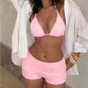 MakeMeChic Women's Bikini with Shorts Boyshort Bikini Set Halter Tie Backless Y2K Cute Swimsuits (Pink, M)