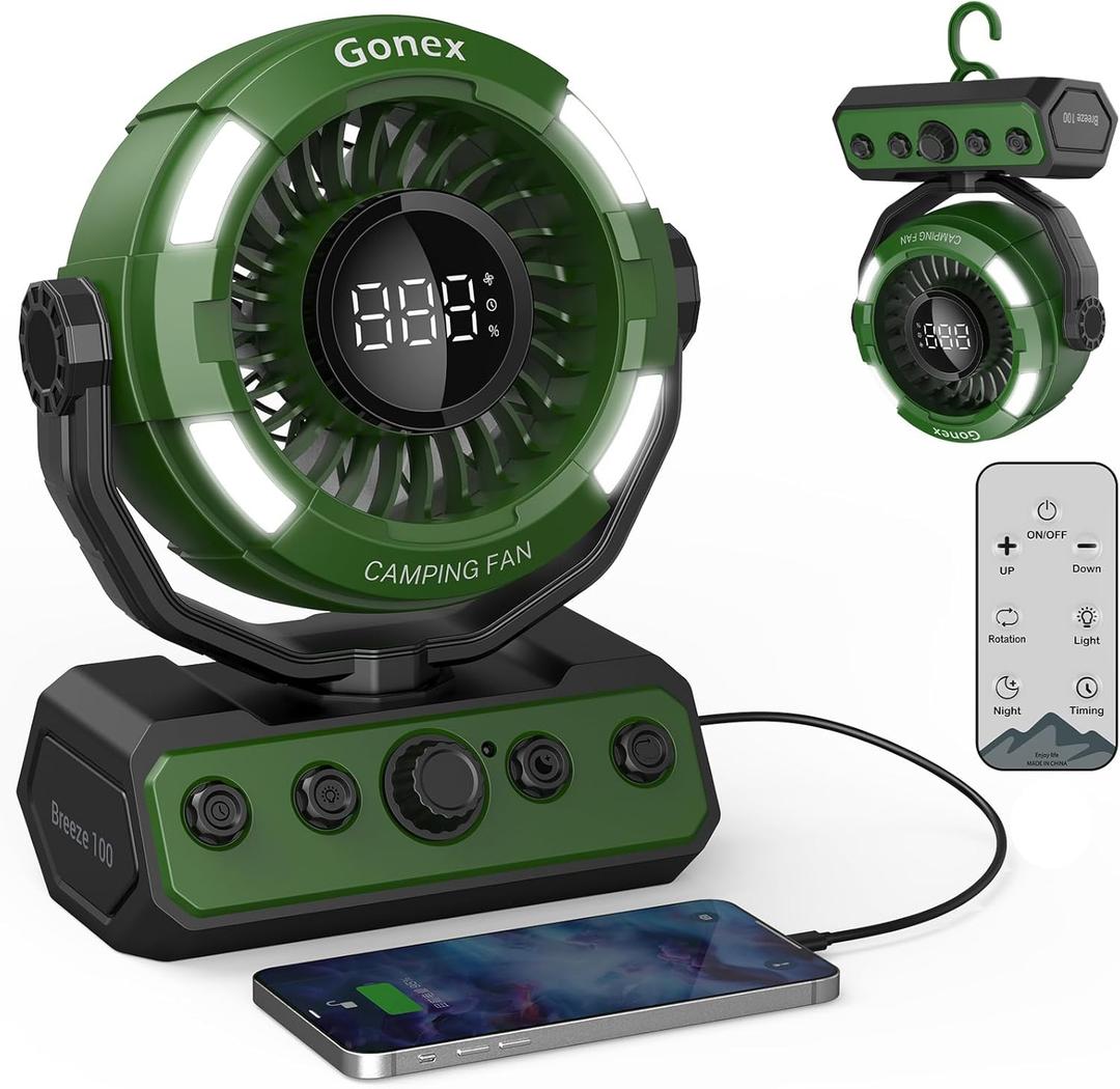Gonex Camping Fan, Portable Tent Fan Rechargeable 20000mAh Battery Powered Variable Speed Control Desk Fan with Light & Remote for Hanging, Camping, Travel, Bedroom, Home, Fishing, Jobsite - Green