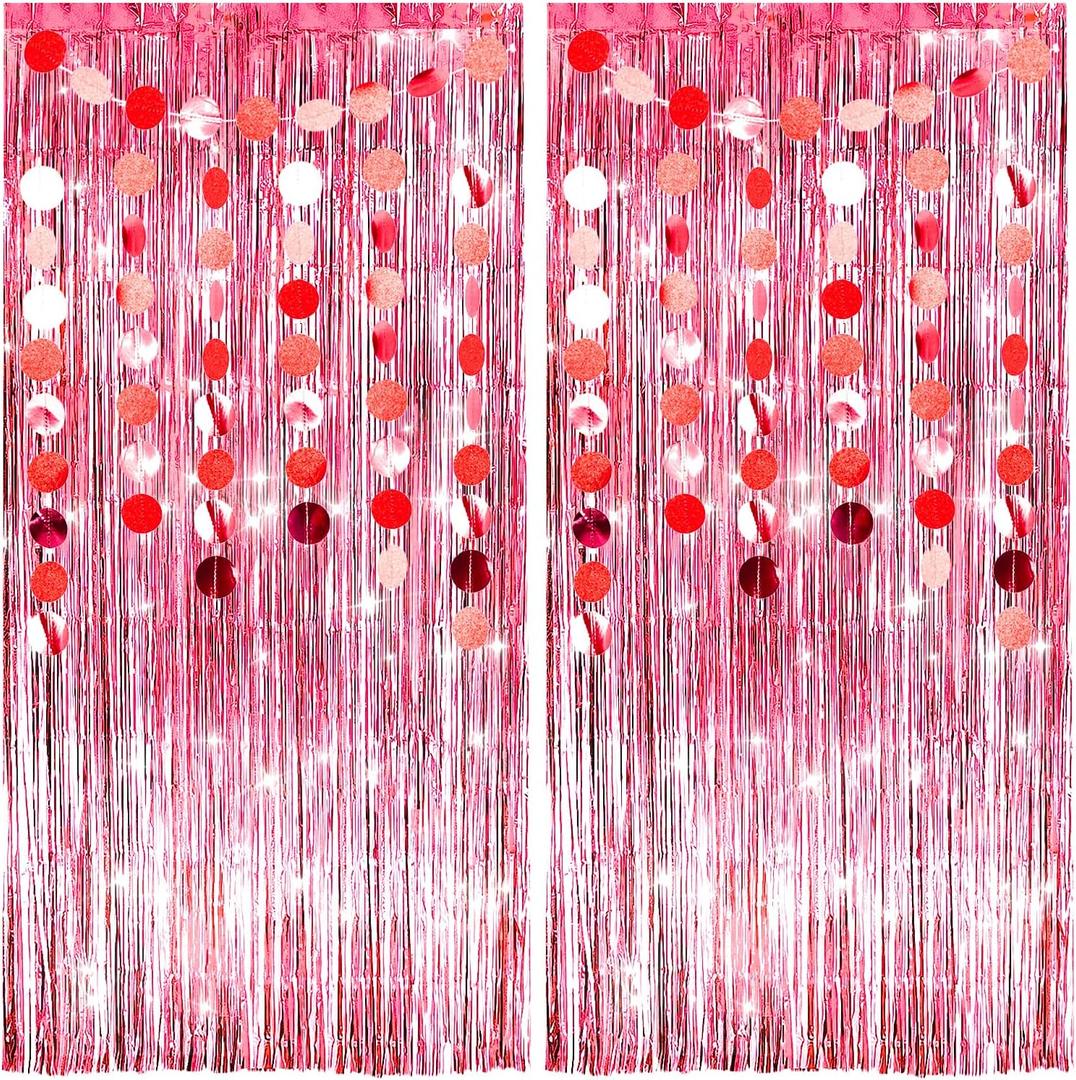 2 Pack Rose Gold Party Streamers Tinsel Curtain Party Backdrop Foil Fringe Curtain with 2 Pack Garlands for Bachelorette Birthday Decorations
