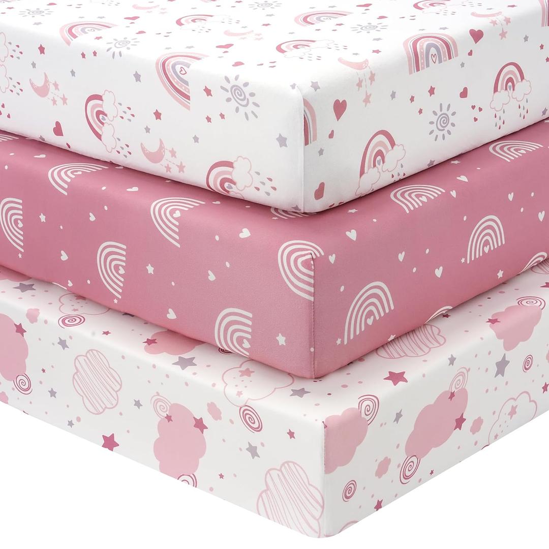 Baby Mini Crib Sheets Girl, Portable 38x26 Pack and Play Sheets Fitted for Playard and Pack N Play Mattress, 3-Pack Soft Microfiber Pink Rainbow