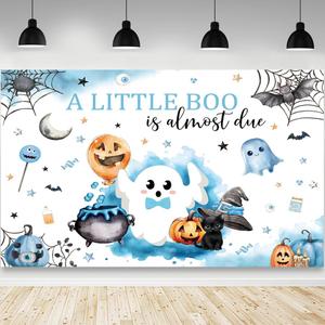 7x5ft Halloween Baby Shower Backdrop for Boys A Little Boo is Almost Due Blue Background Decorations Halloween Cute Ghost Boo Newborn Baby Party Photo Booth Props