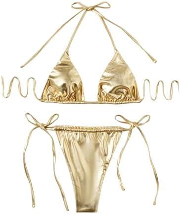 Verdusa Women's 2 Piece Bathing Suit Glitter Triangle Top Tie Side Thong Bikini Swimsuits Size S