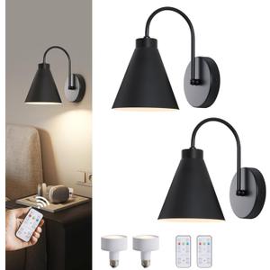 Vintage Cordless Gooseneck Battery Operated Wall Sconces Set of 2, Black Bedside Battery Powered Wall Decor Lamps with Remote Control, Wireless Indoor LED Lights Fixture for Hallway Bedroom